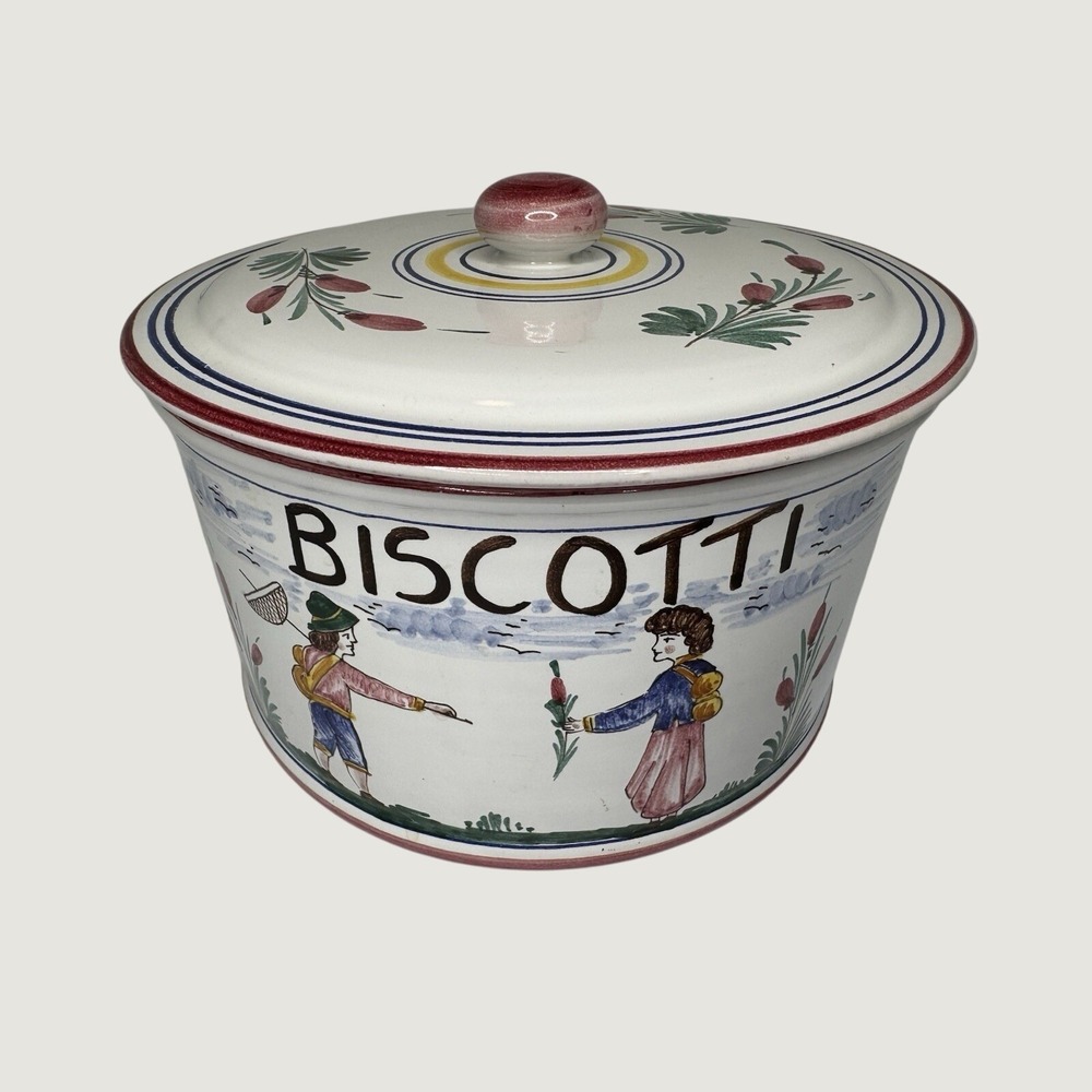 Vintage Sberna Deruta Italy Hand Painted Ceramic Biscotti Cookie Jar Canister